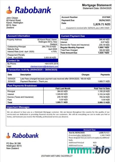 Nowa Zelandia Rabobank wyciąg z kredytu hipotecznego szablon Word i PDF